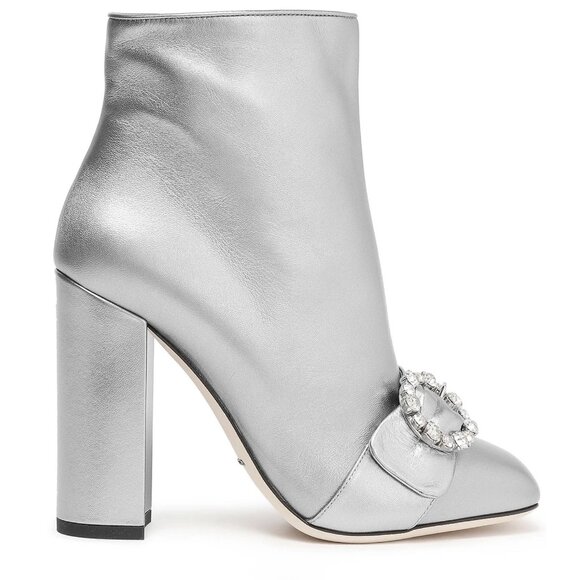 DOLCE & GABBANA BOOTS ANKLE METALLIC SILVER LEATHER JEWELED BUCKLE IT 38 US 7.5 - Picture 2 of 13